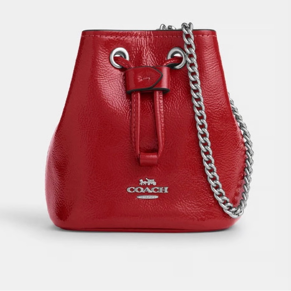 Coach Patent leather Drawstring Wristlet In Red NWOT, Silver Hardware